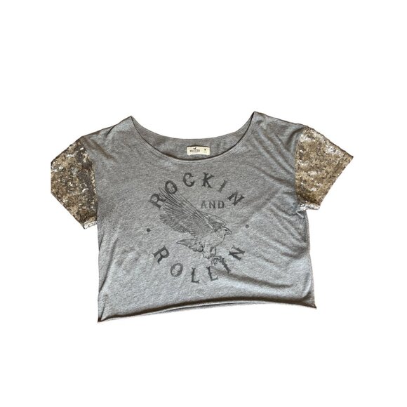 Hollister Rockin and Rollin Boxy Short Sequin Sleeves Gray Crop Top Size M - Picture 2 of 5